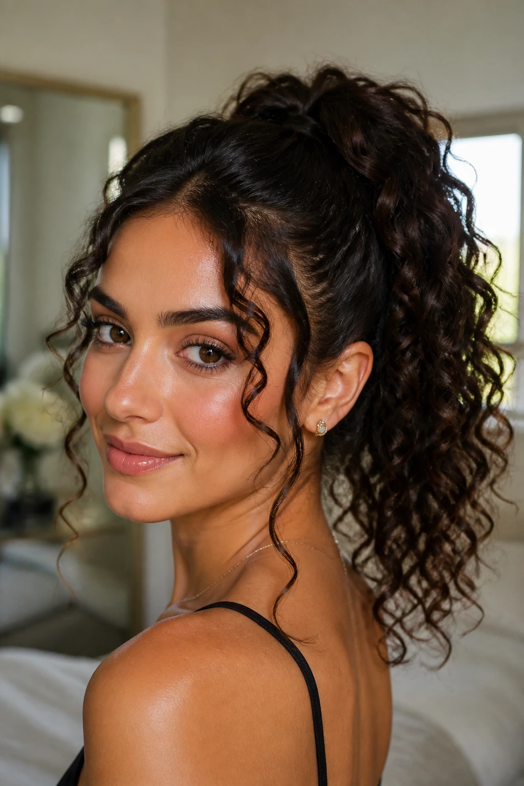 Close-up of real woman with curly high ponytail and face-framing tendrils in warm light