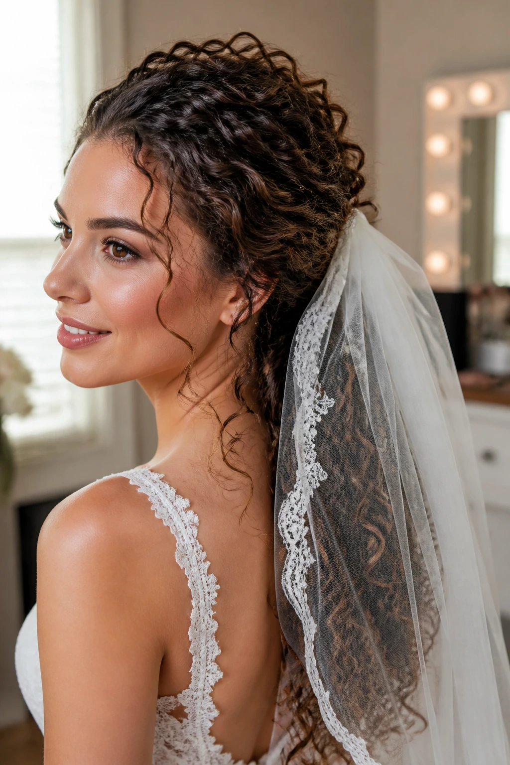 Close-up of a real bride showing a curly ponytail with mid-low veil placement