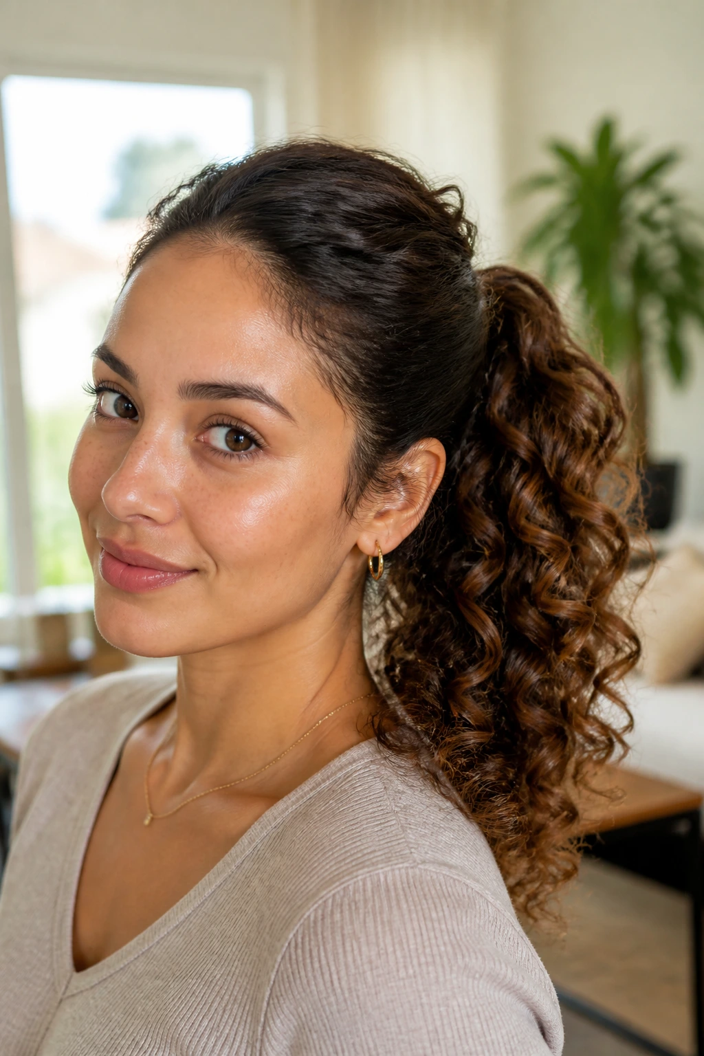 Close-up of a real woman with a curly ponytail showing controlled volume