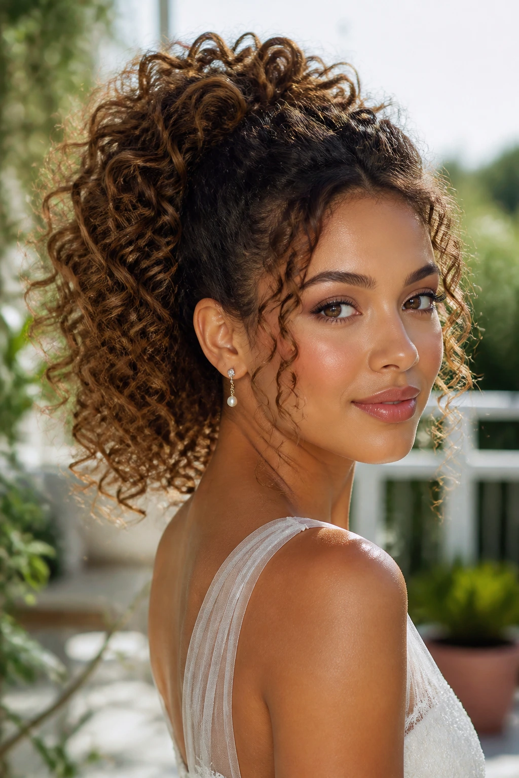 Close-up of a real person with a high voluminous curly ponytail in outdoor light