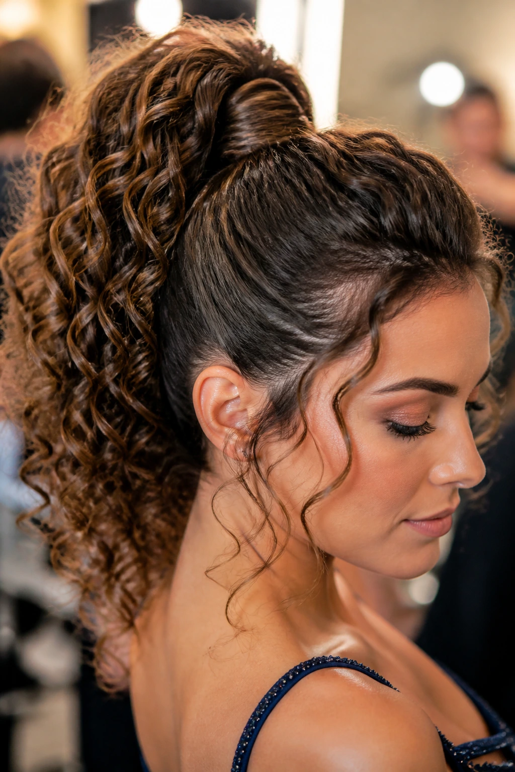 Real woman with high curly ponytail wrapped with a strand of hair