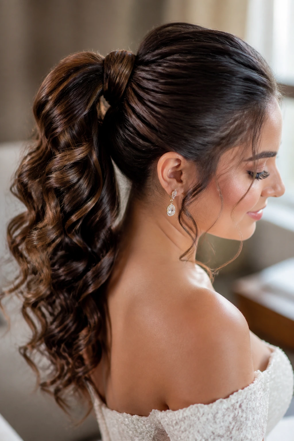 Close-up of a real bride with a curly ponytail and wrapped base