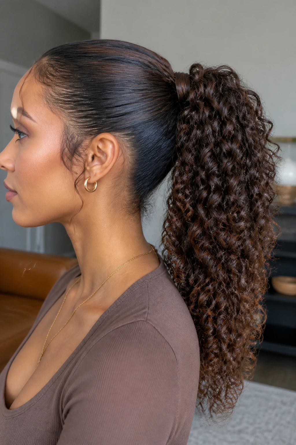 Real person with curly ponytail and wrapped base