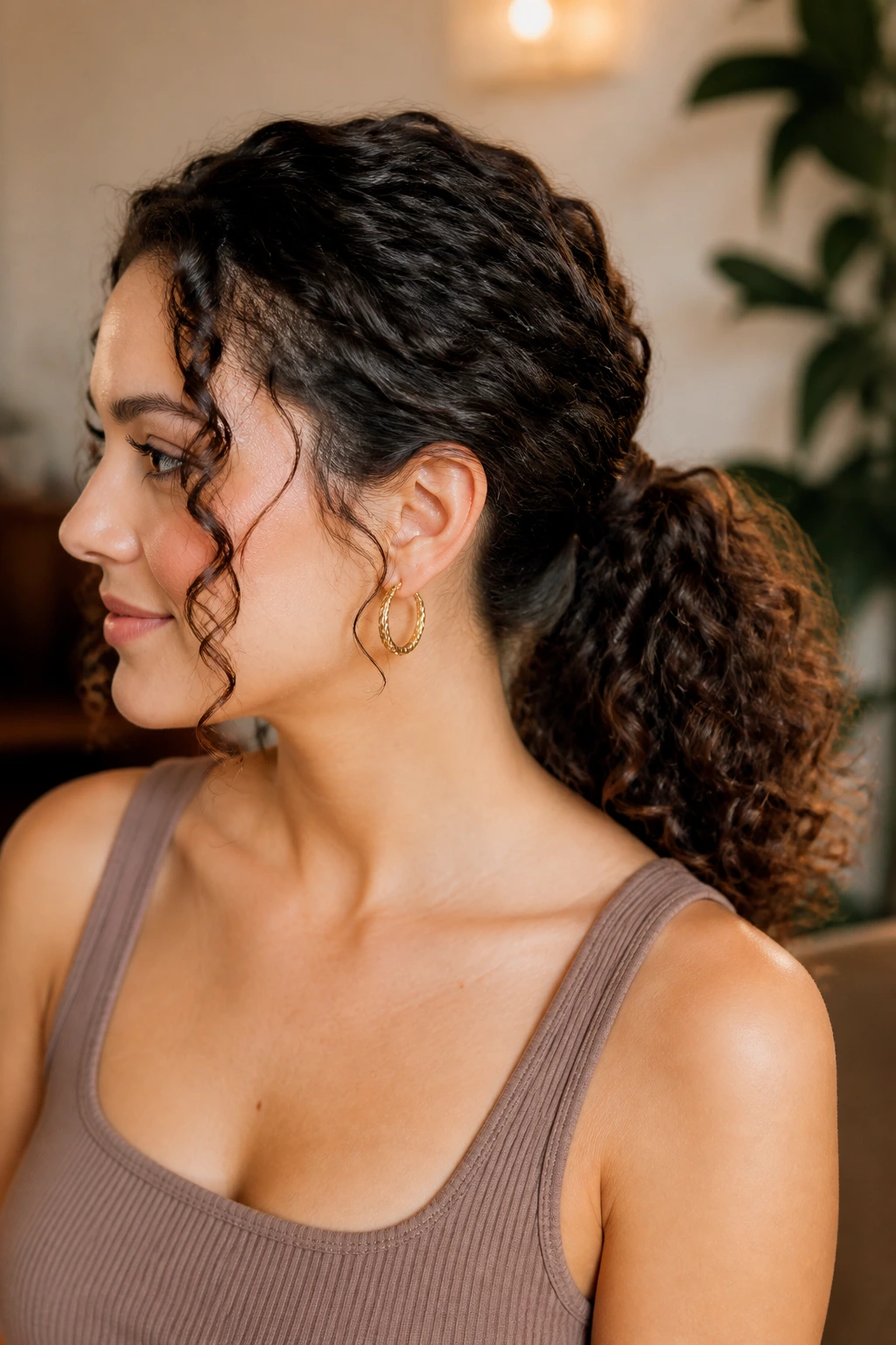 Close-up of a real woman with a curly ponytail featuring a wrapped base
