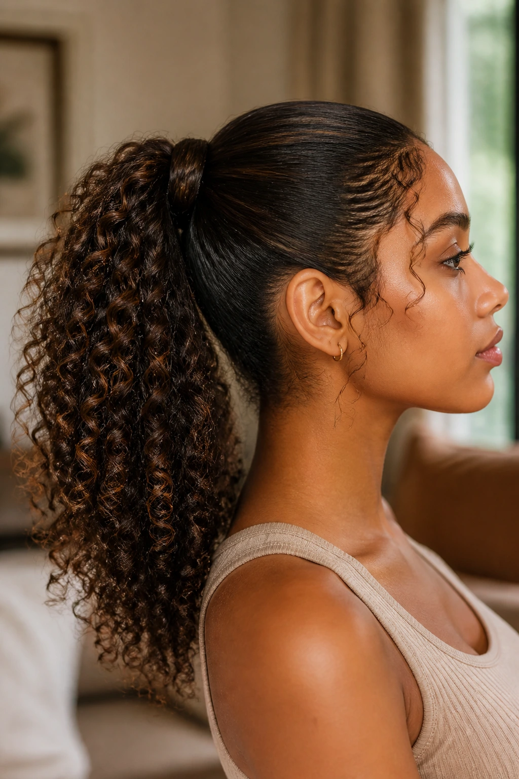 Close-up of a real woman with a curly ponytail wrapped base hairstyle.