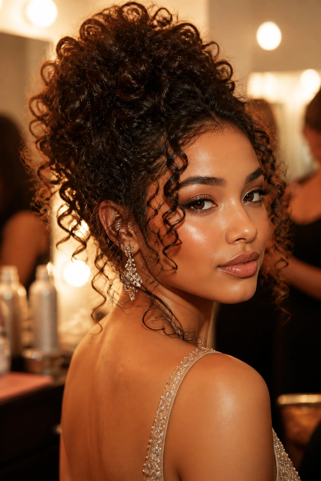 Close-up portrait of a real woman with defined curly prom hairstyle holding shape in warm backstage lighting