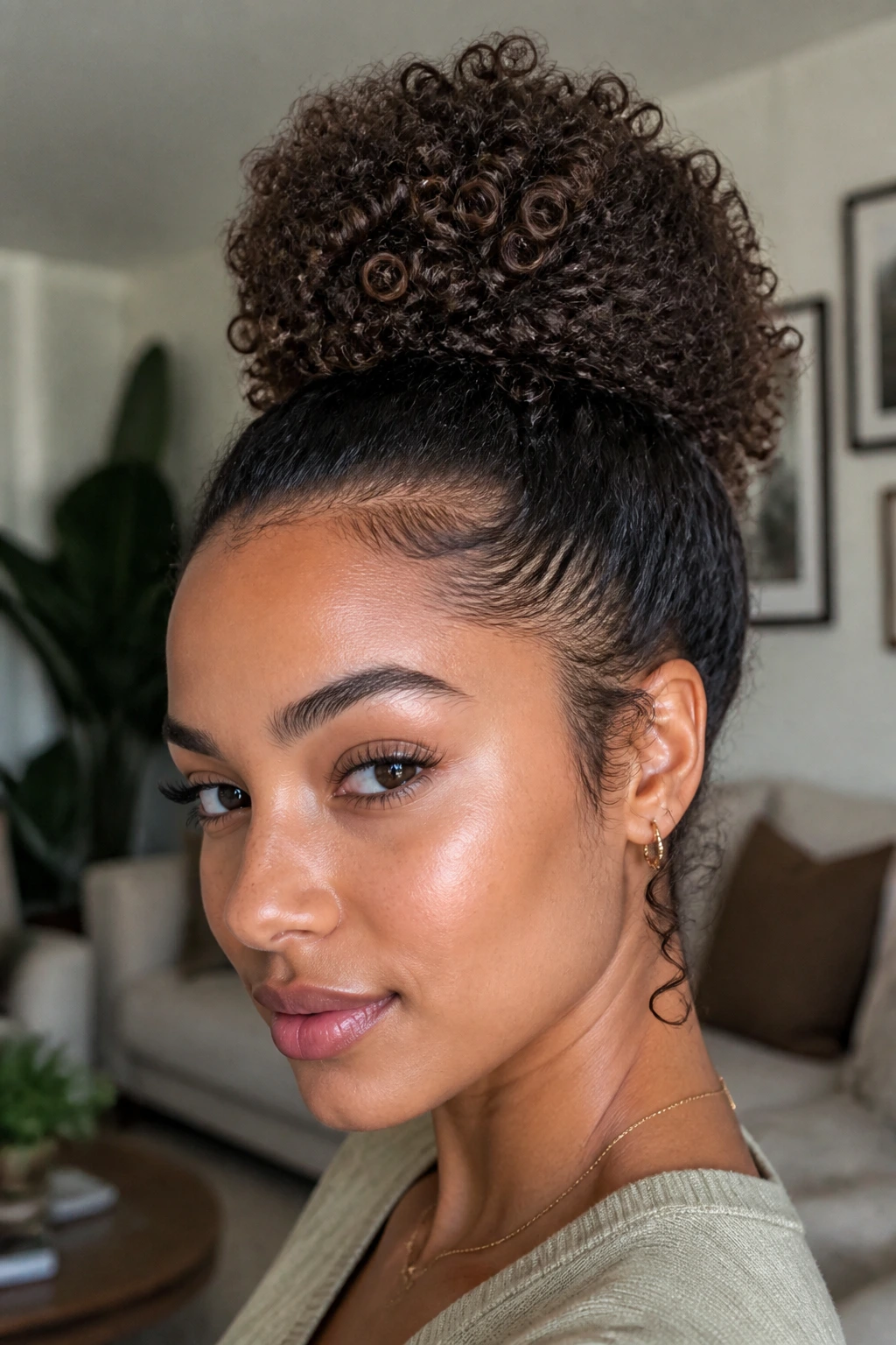 Portrait of a woman with a curly puff bun, showcasing texture and round shape.