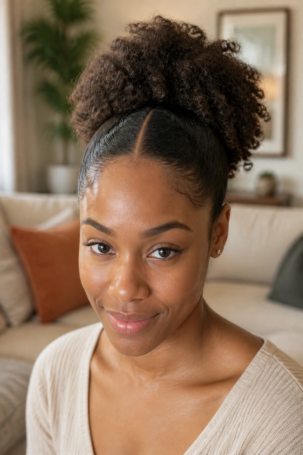 Close-up of a person with defined curly puff and center part
