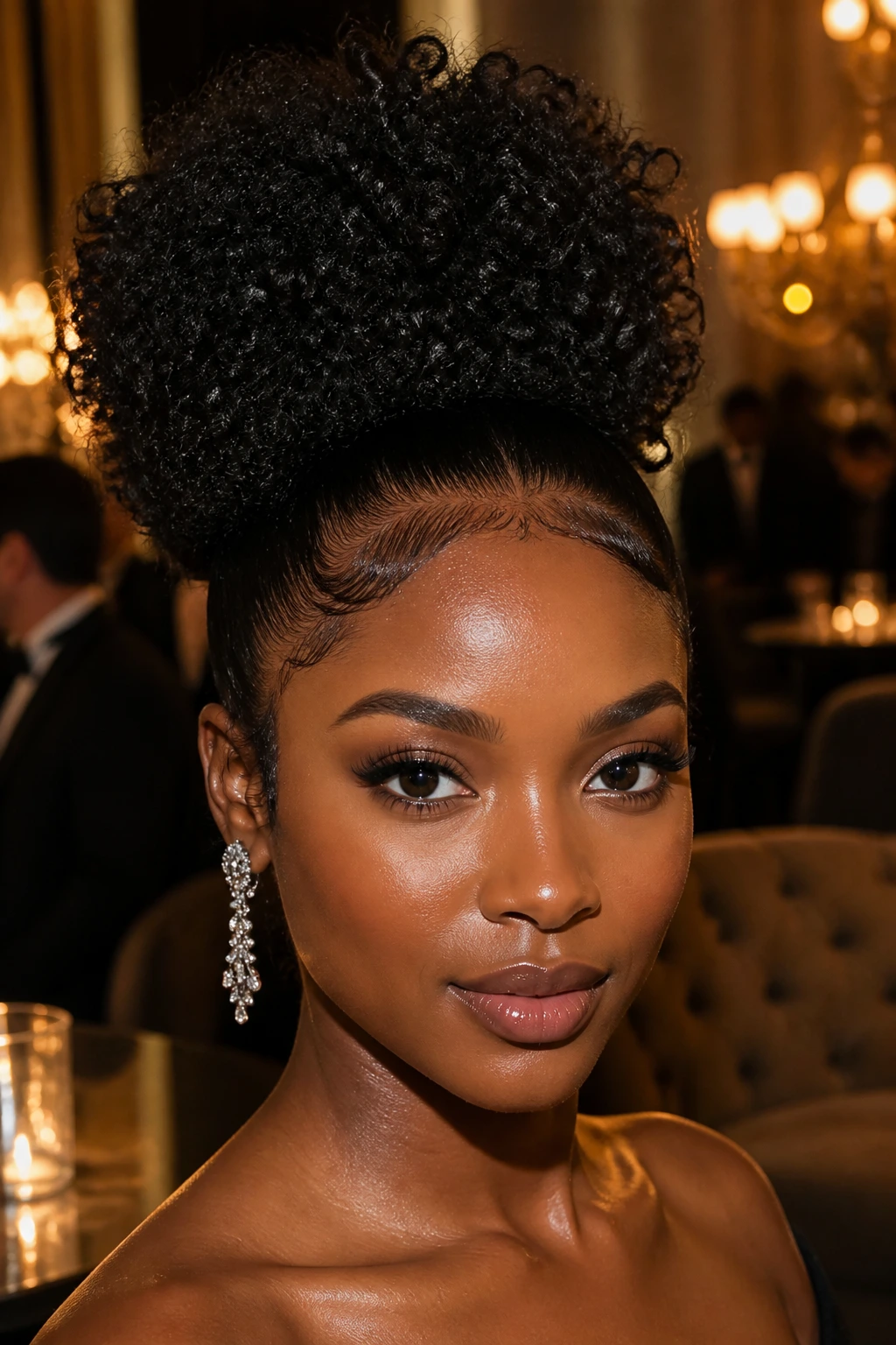 Close-up of a real woman with a curly puff and defined edges, bold evening hairstyle