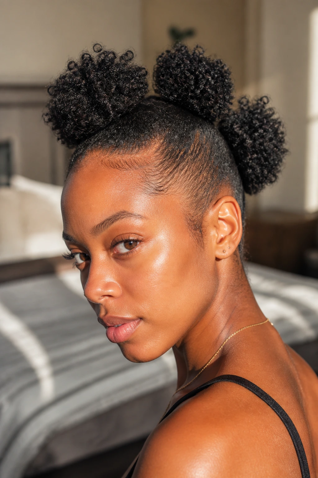 Close-up of a real Black woman with a curly puff mohawk in natural light.