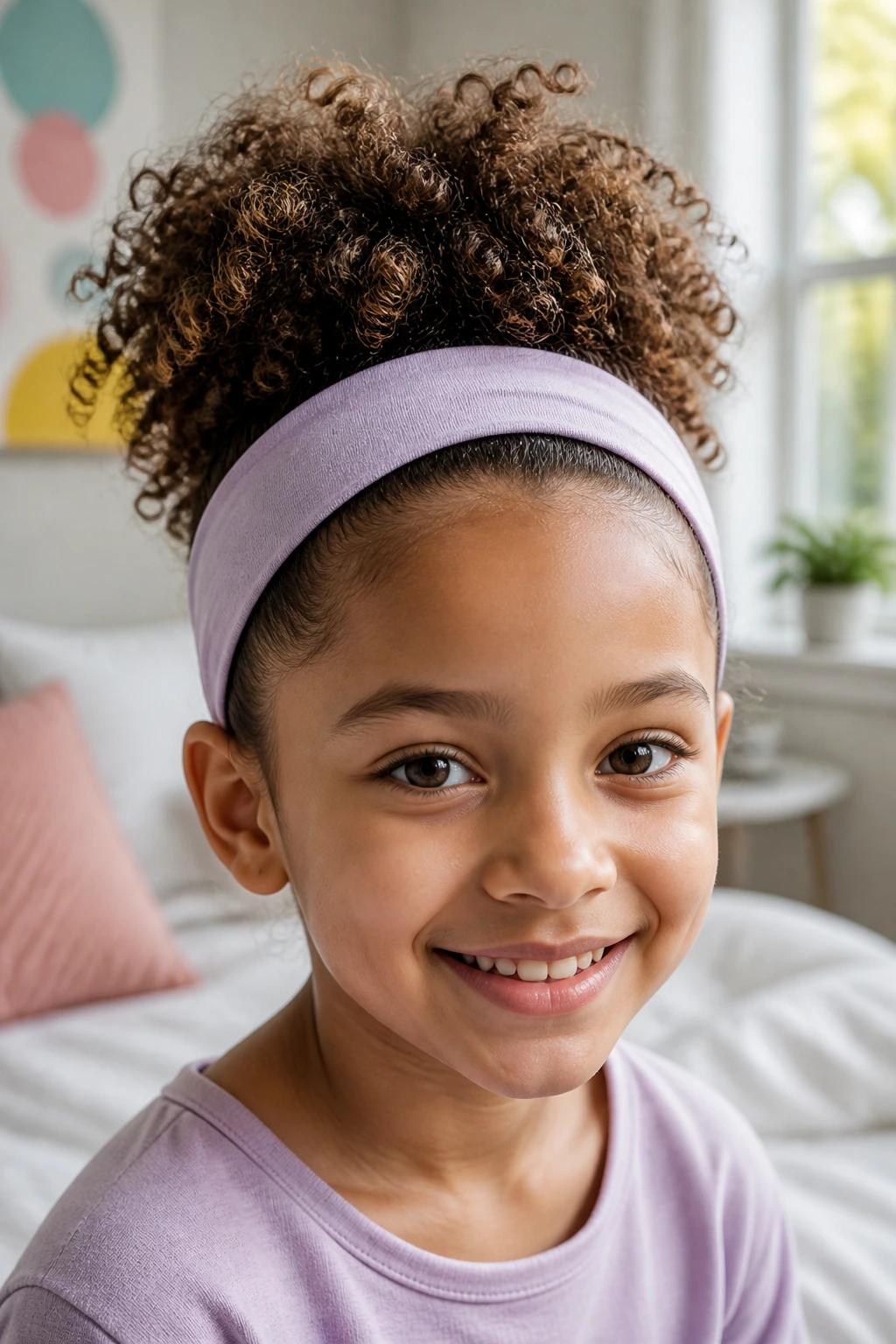 Close-up of a child with a curly puff and wide headband