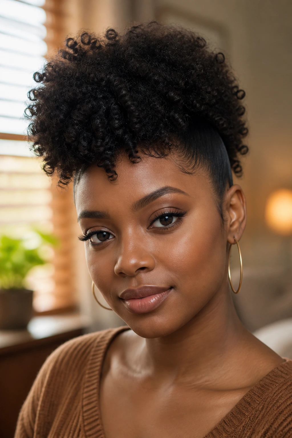Close-up portrait of a real Black woman with curly puff mohawk in cozy indoor light