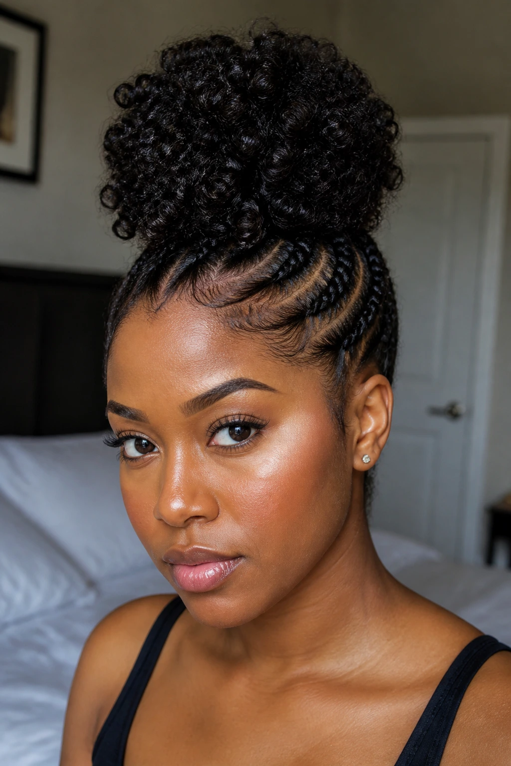 Real woman with a high curly puff centered on braided sides, natural light