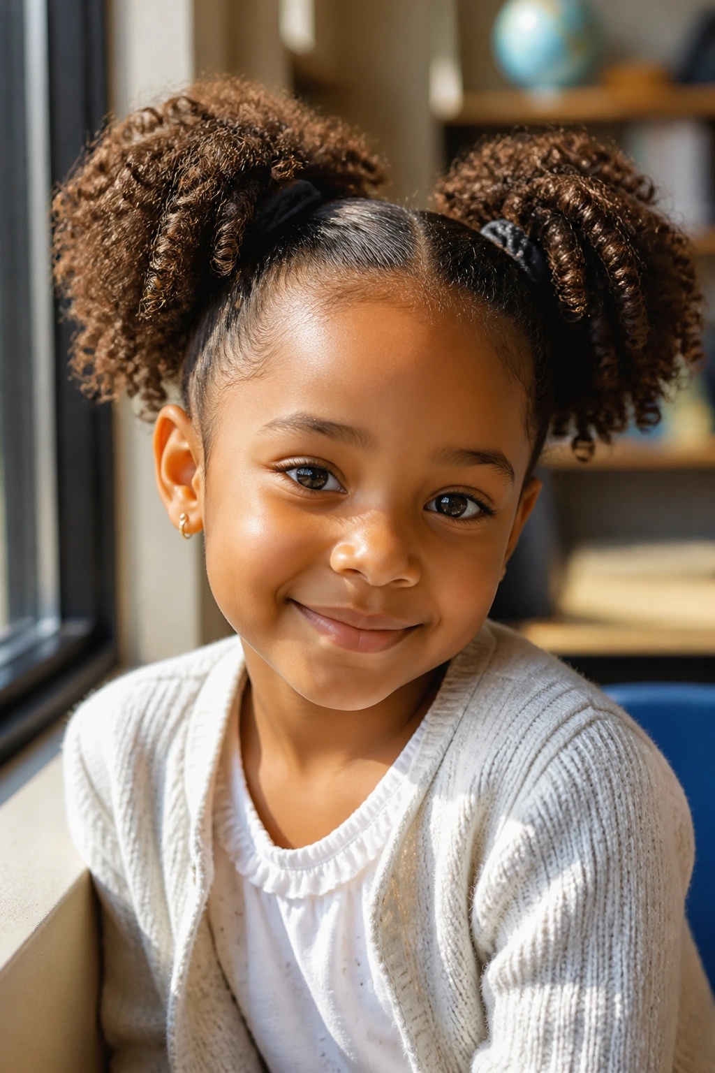 Close-up of a girl with curly puff pigtails in a sunny classroom