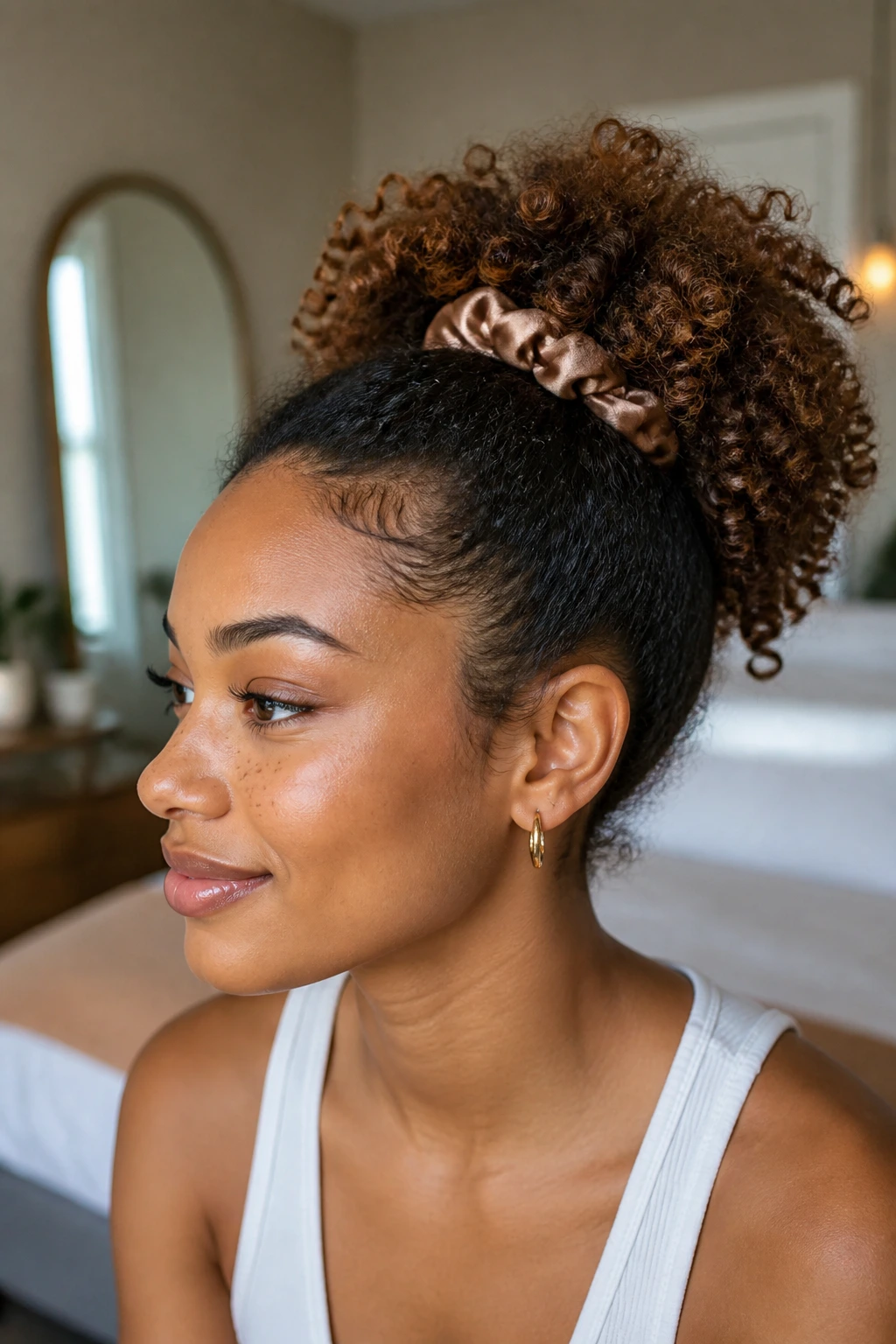 Real woman with a curly puff pony and natural curls around the face.