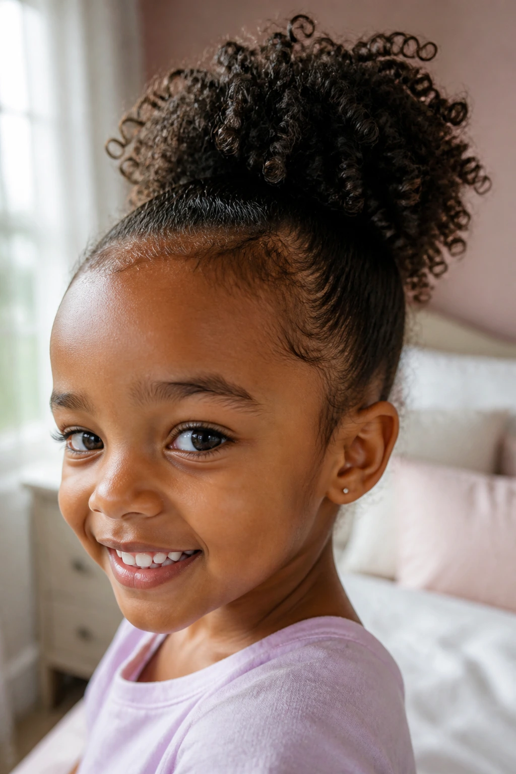Close-up of a real child with a curly puff pony hairstyle