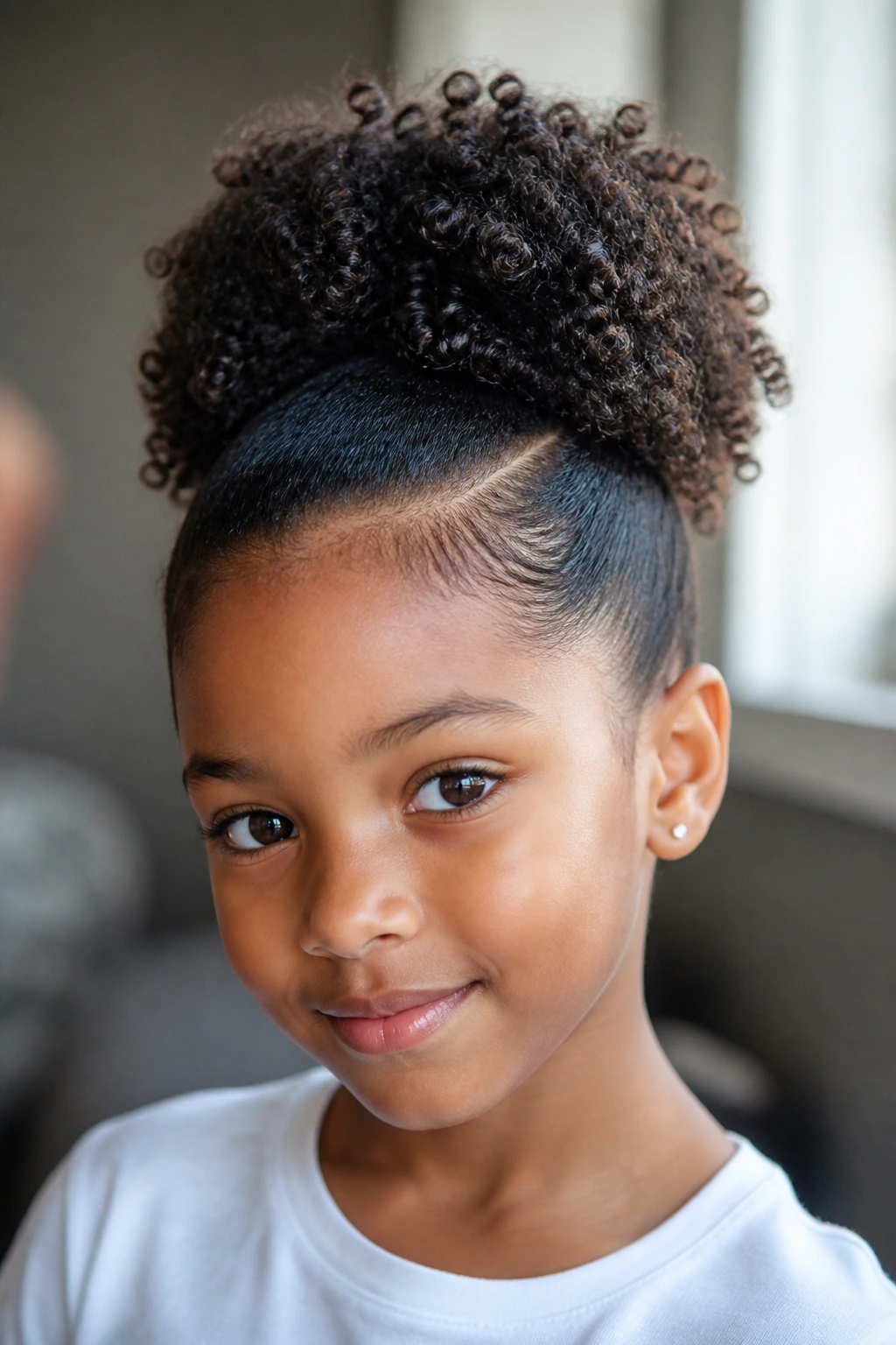 Close-up of a real girl with a curly puff and clean side part in soft window light