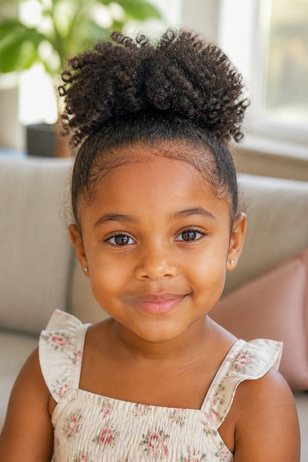 Close-up of a girl with curly puff updo hairstyle