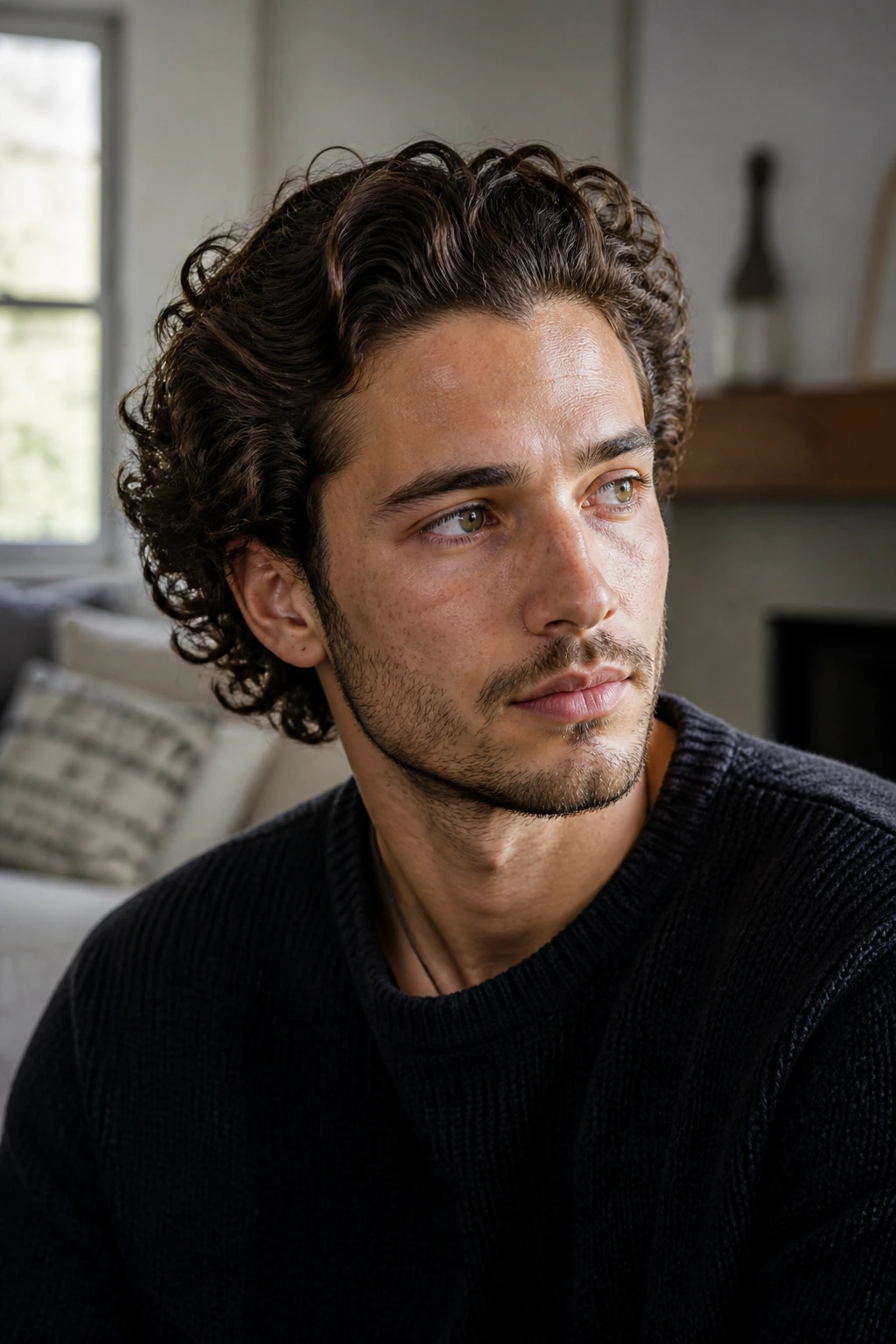 Close-up of a man with curly hair pushed back from the forehead