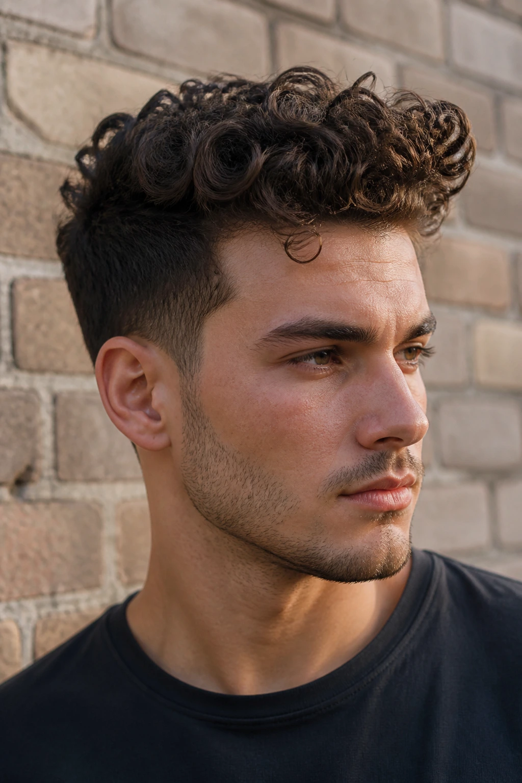Close-up portrait of a man with a curly push-up quiff outdoors