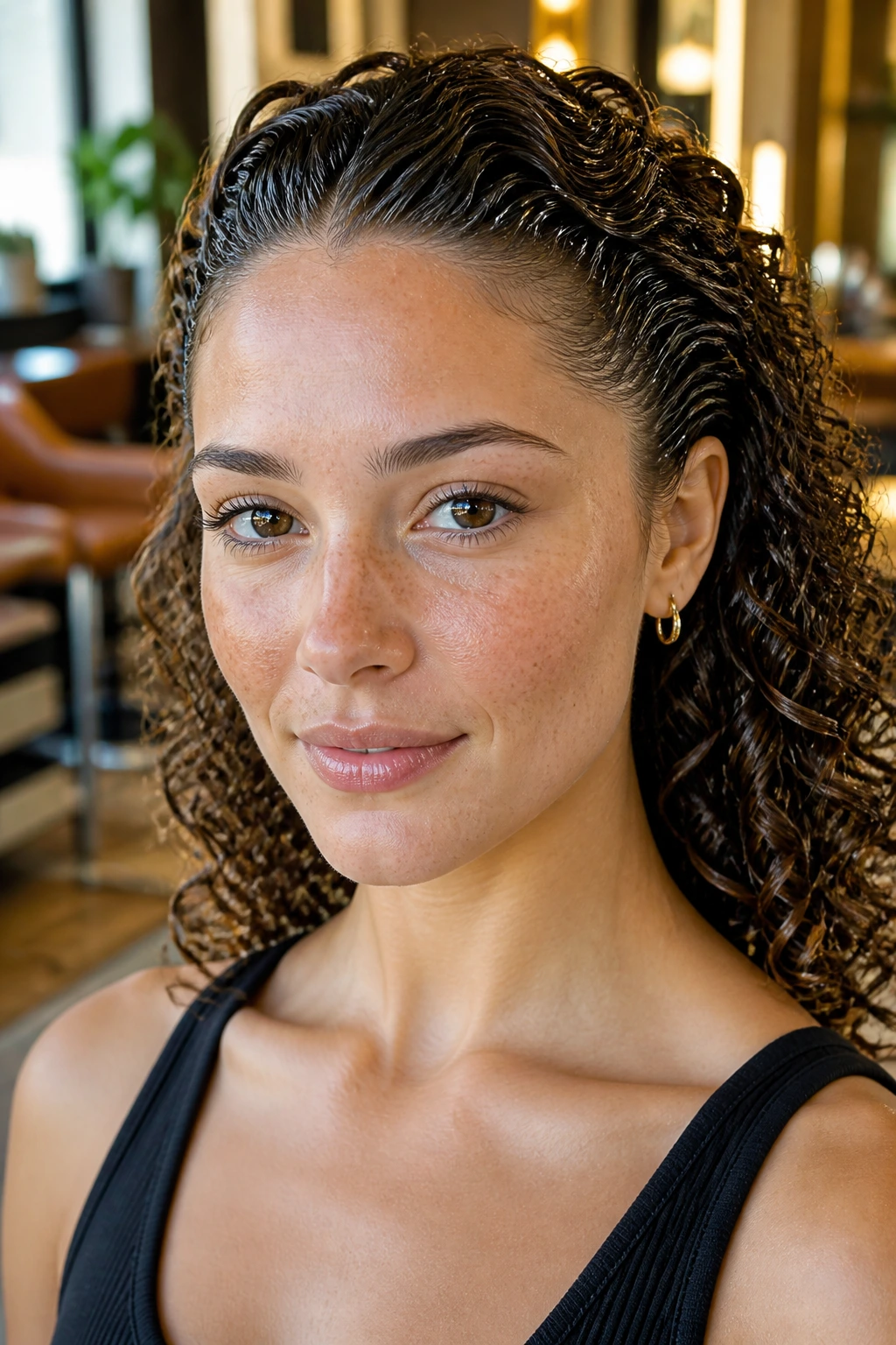 Close-up of a real woman with curly hair pushed back and glossy wet look