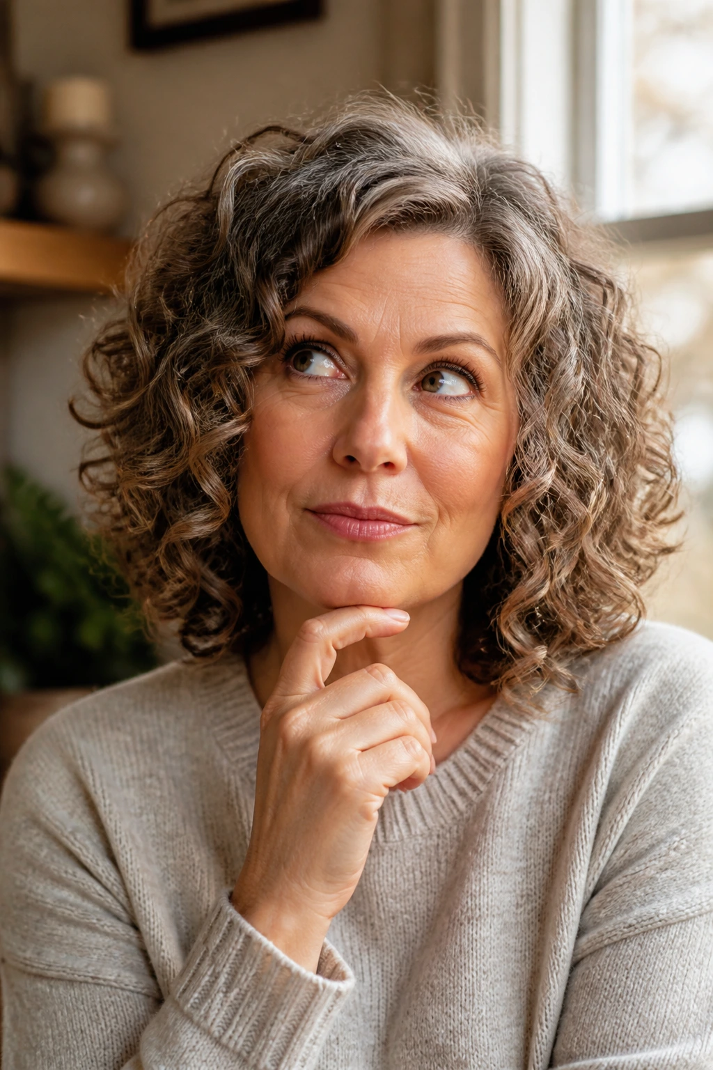 Curious expression on a real woman with curly hair