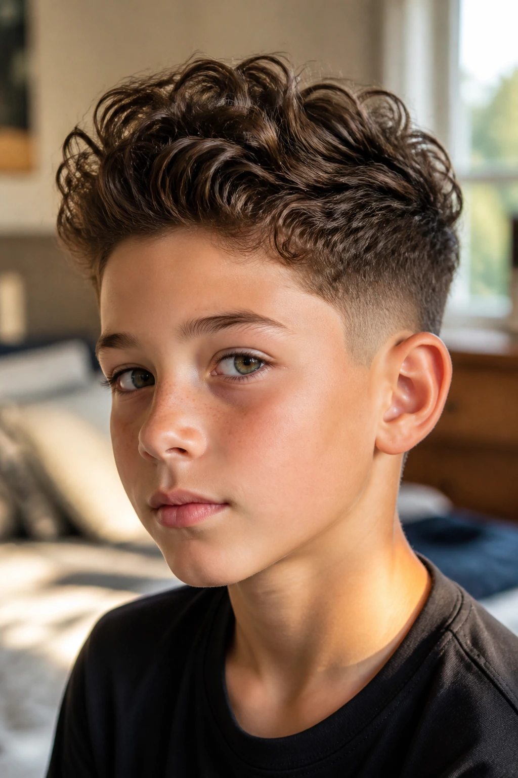 Close-up of a real boy with a curly quiff, front lifted and swept back, window-lit bedroom.