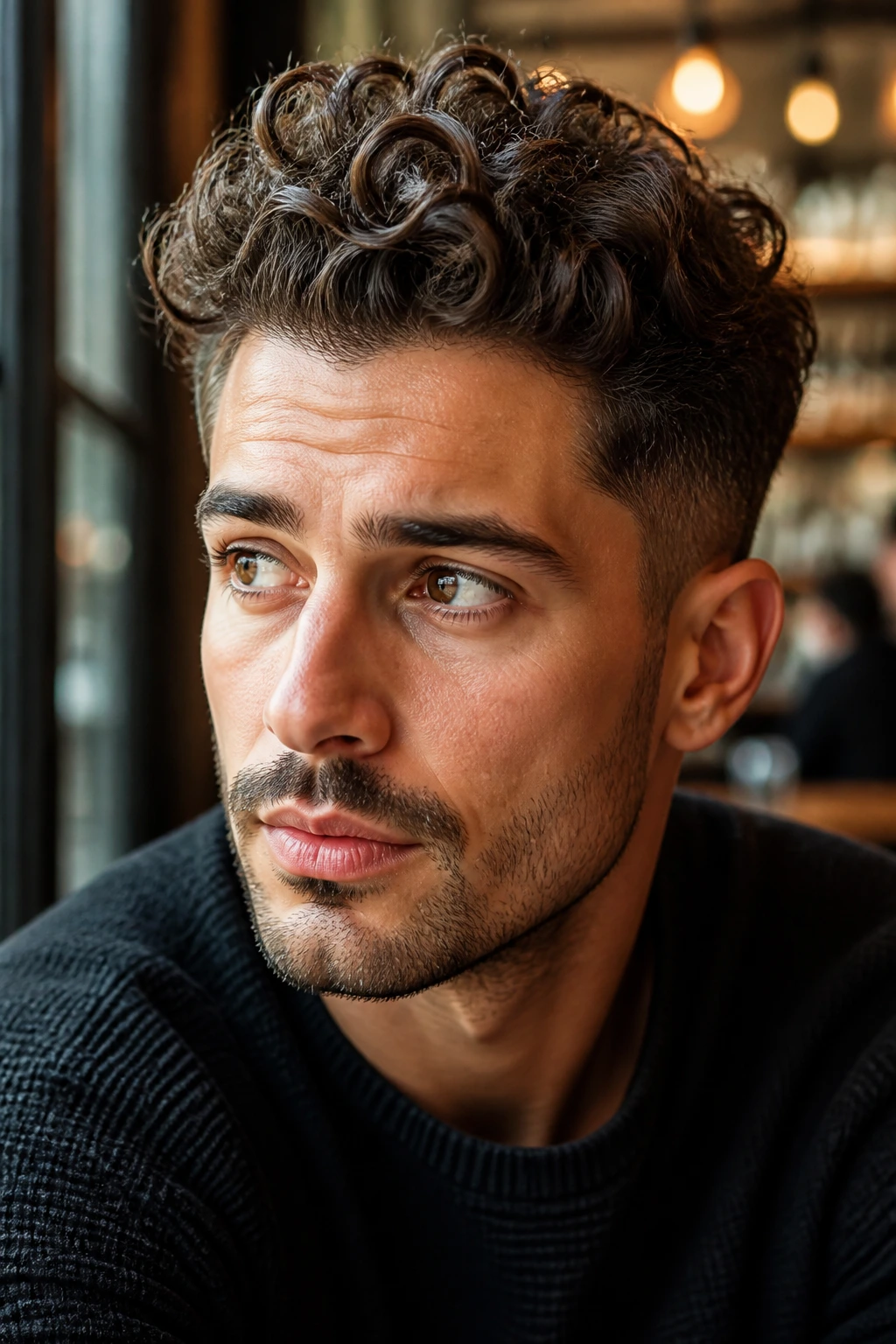 Close-up portrait of a man with curly quiff hairstyle in a cafe setting