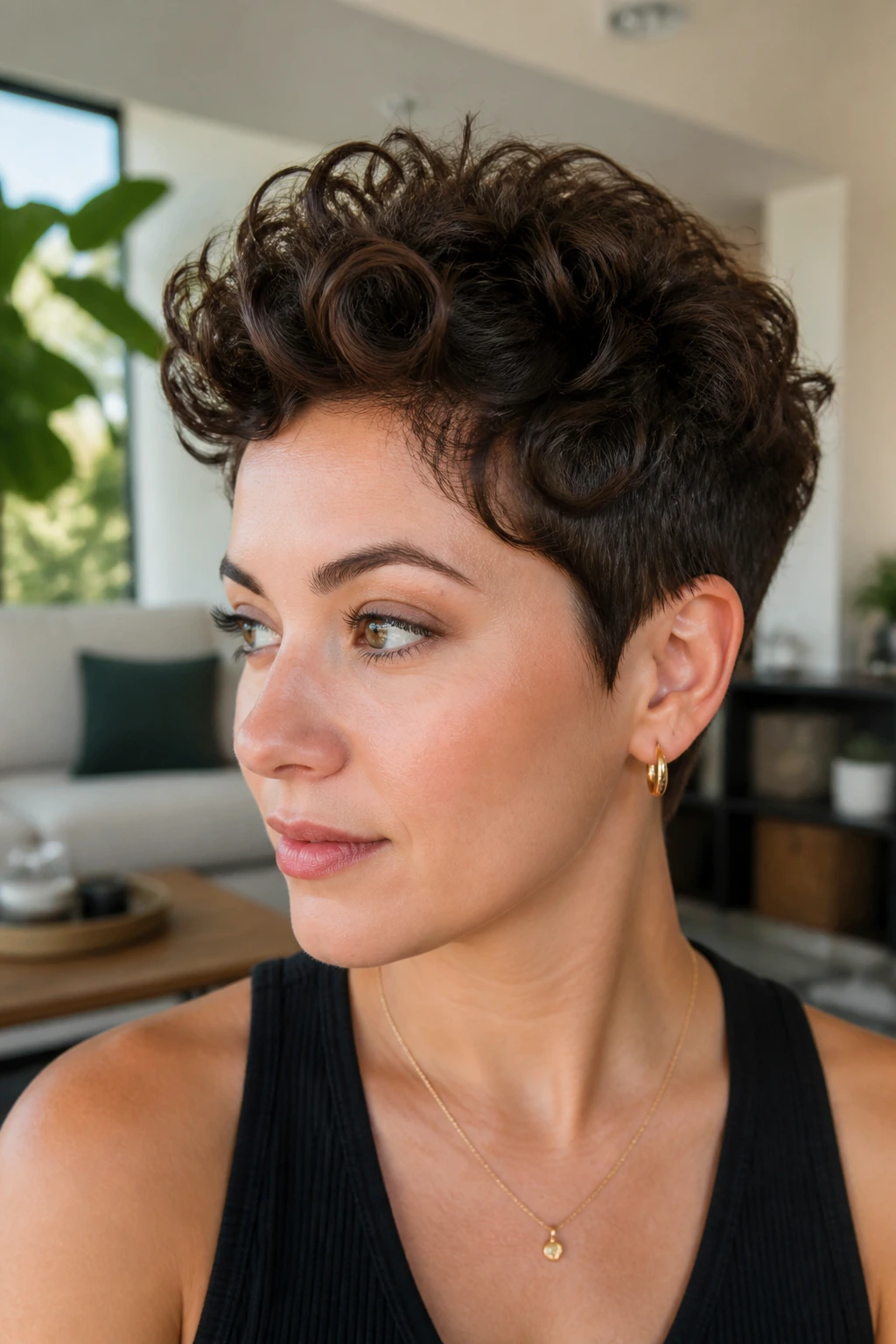 Close-up of real woman with curly quiff pixie hairstyle