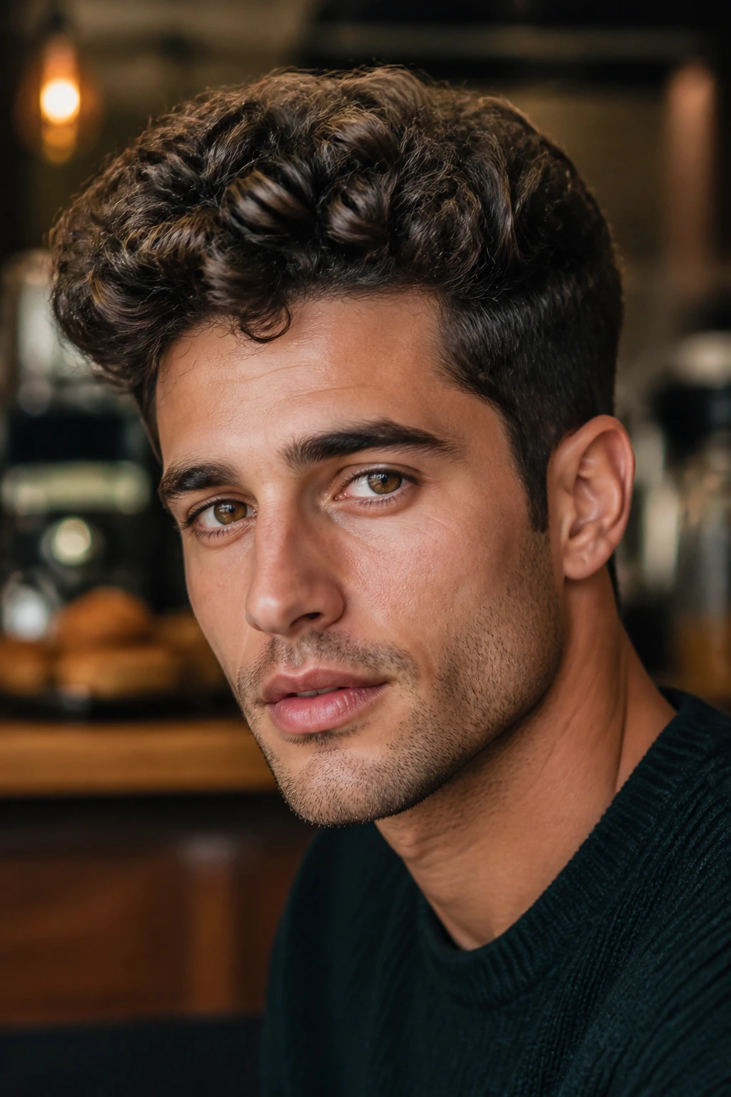 Man with curly quiff in warm cafe lighting