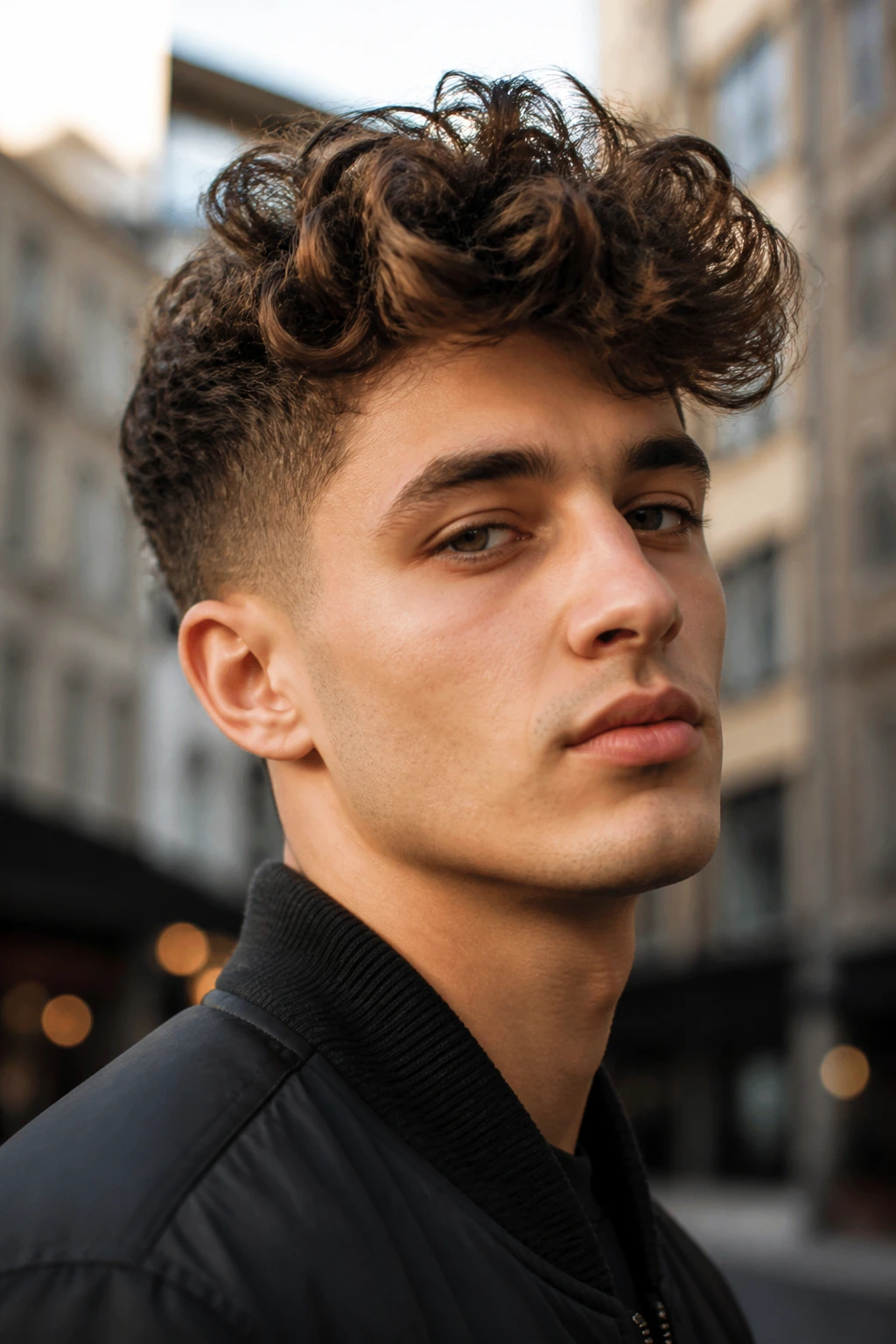 Man with curly quiff and lifted front in natural light