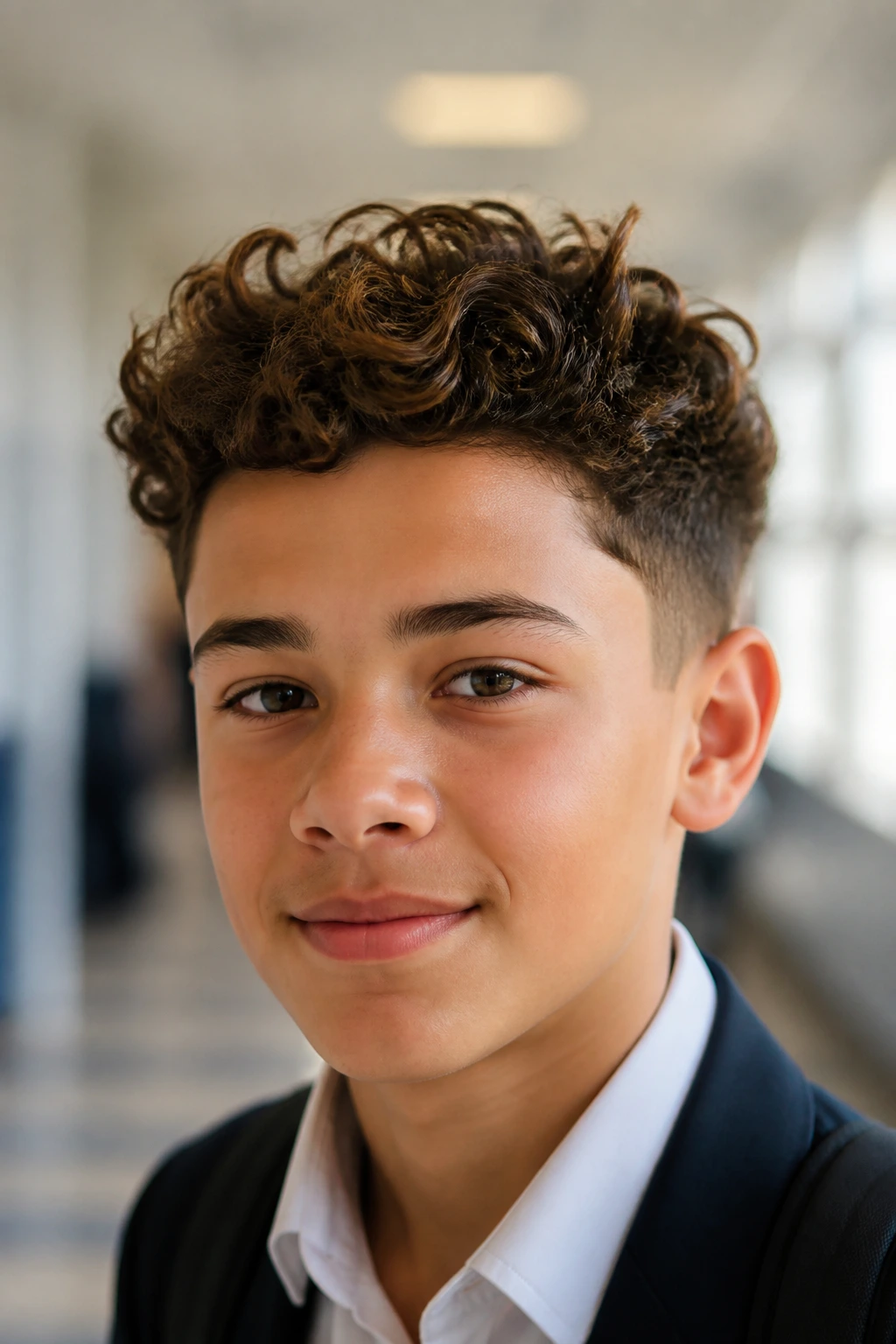 Close-up portrait of a schoolboy with a neat curly quiff