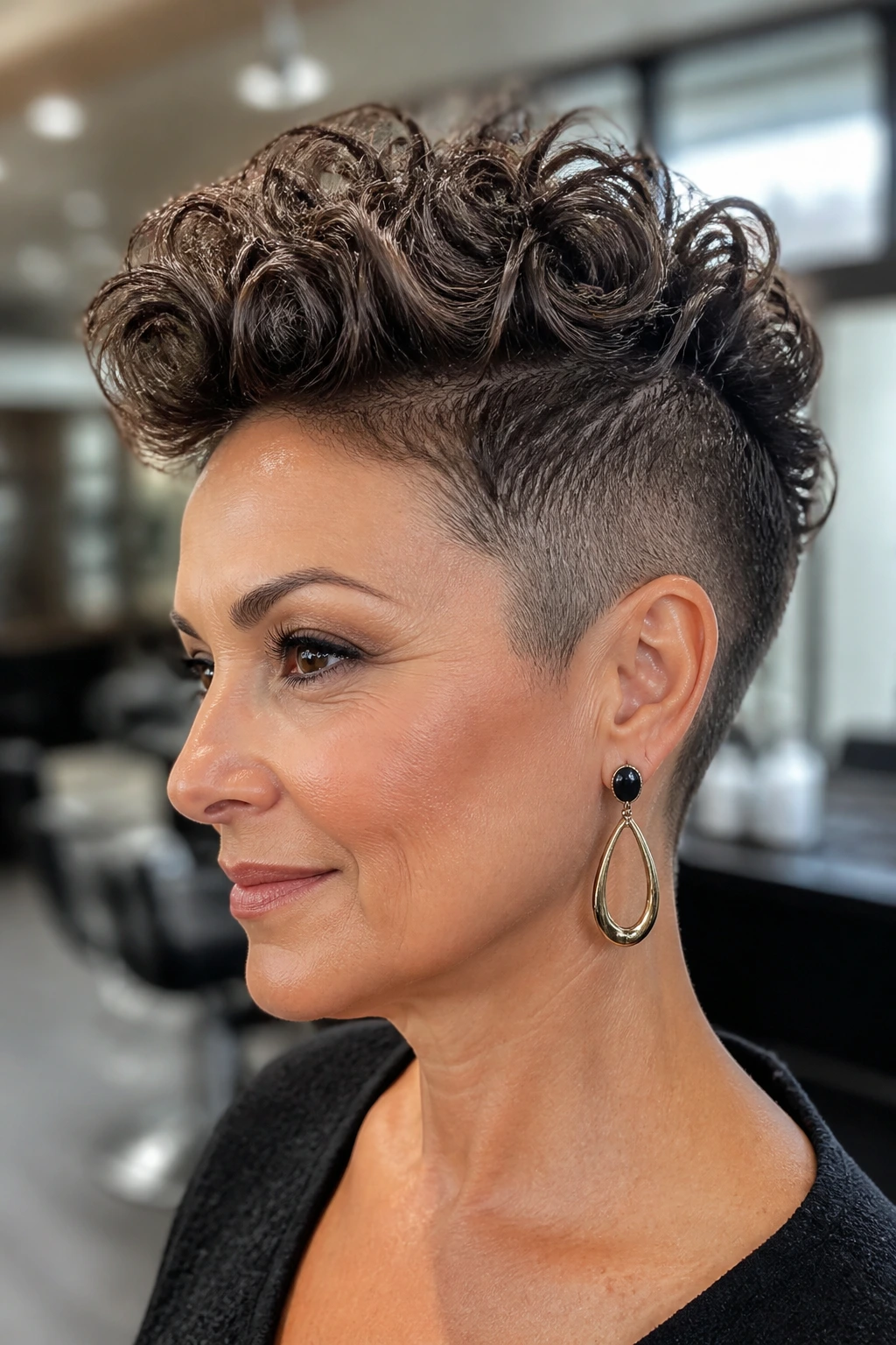 Close-up portrait of a real woman with curly quiff and underside shave