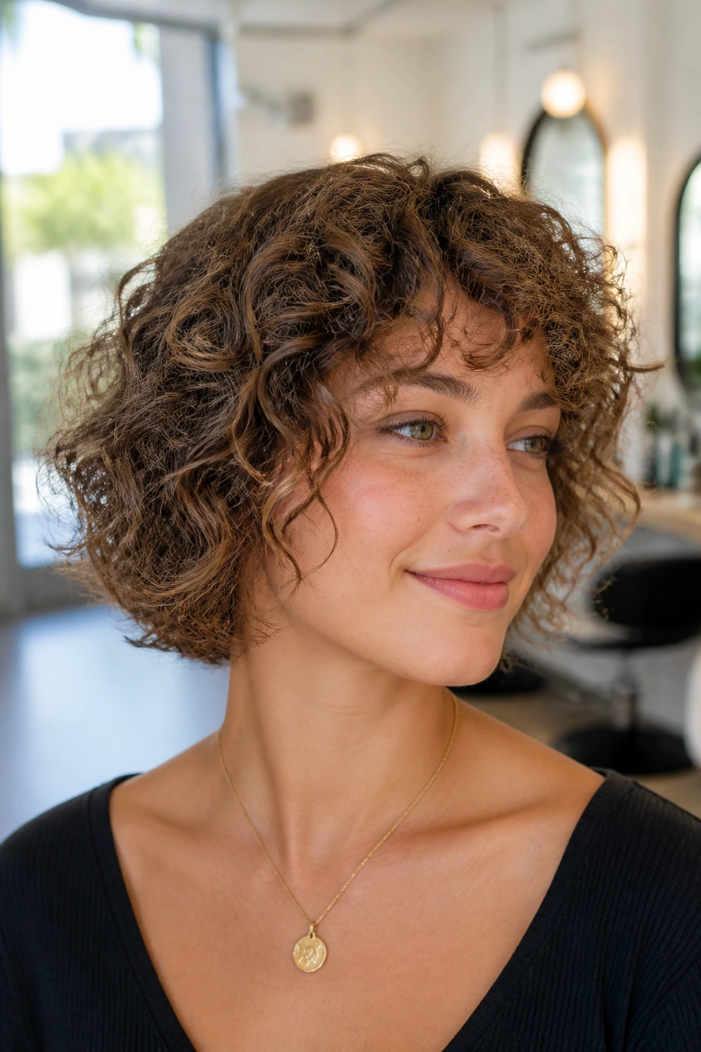 Real person with curly razor cut and airy ends