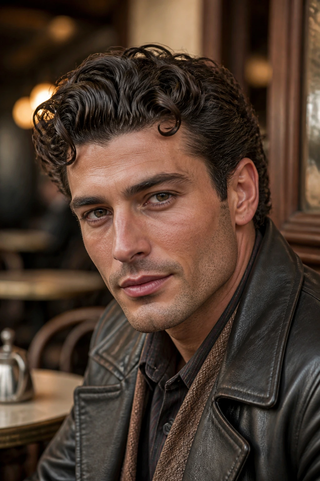 Portrait of a man with curly hair styled in a retro brush-back