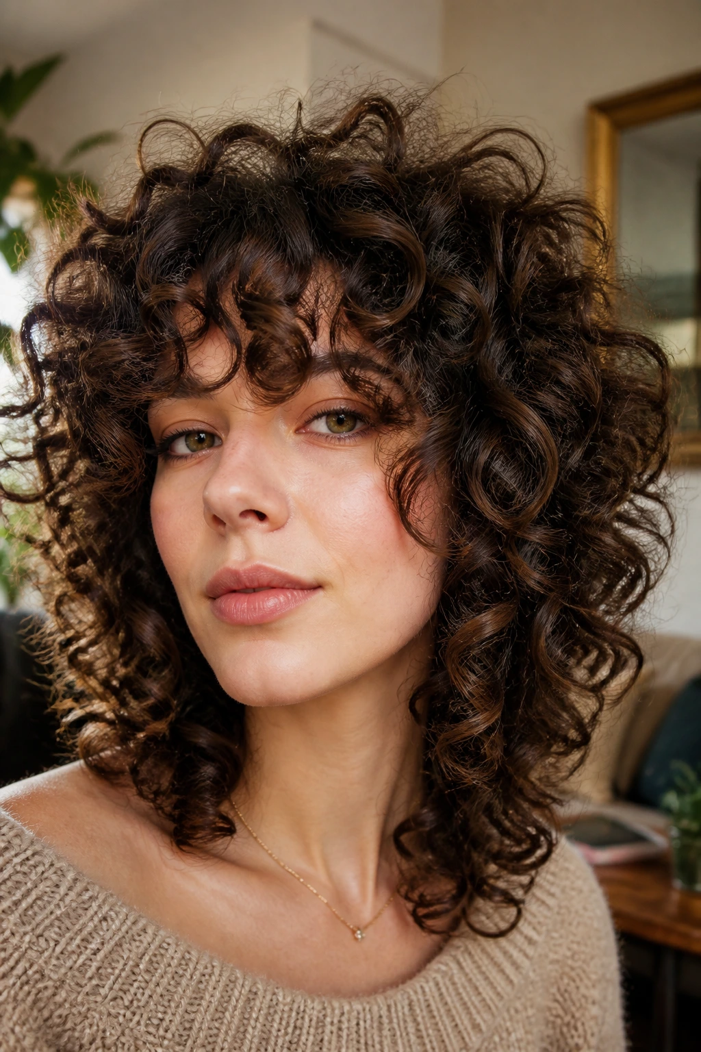 Close-up of a real person with curly retro shag and halo curls