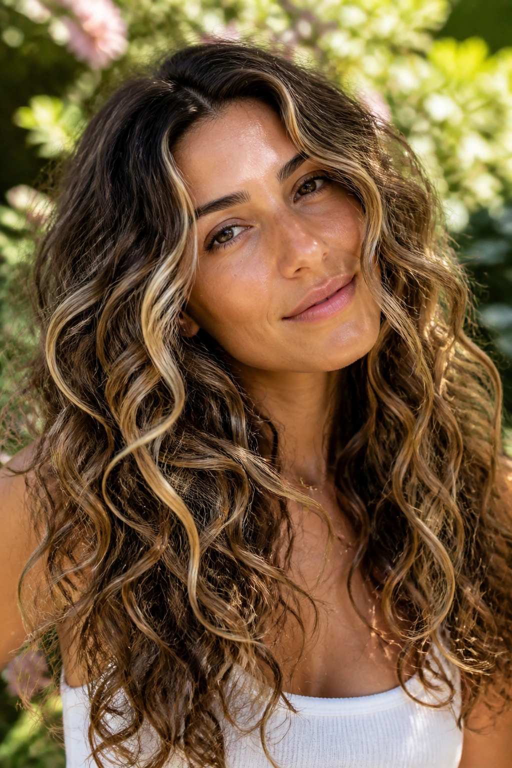 Close-up of a real woman with curly ribbon balayage on long curly hair