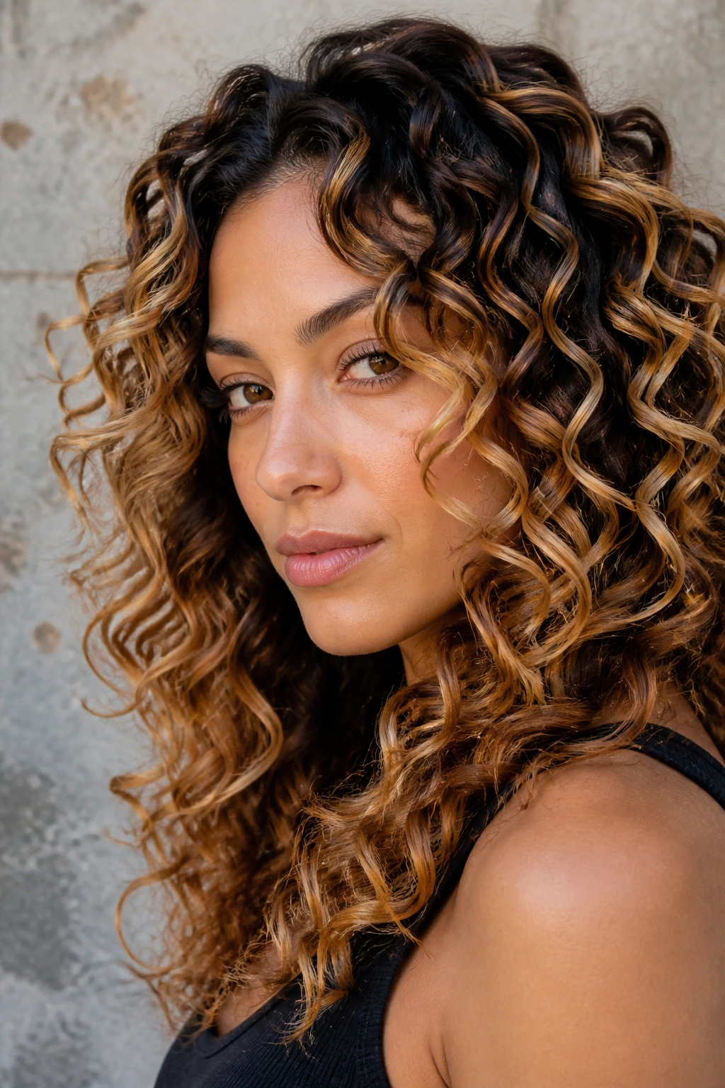 Close-up of a real woman's curly hair with ribbon ombre following curls patterns