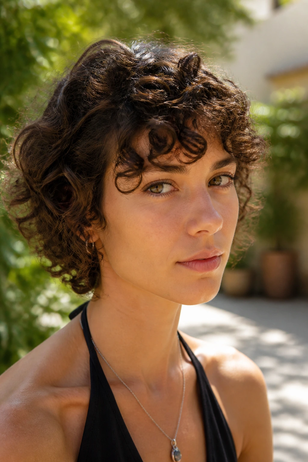 Close-up of a real person with curly rocker fringe outdoors