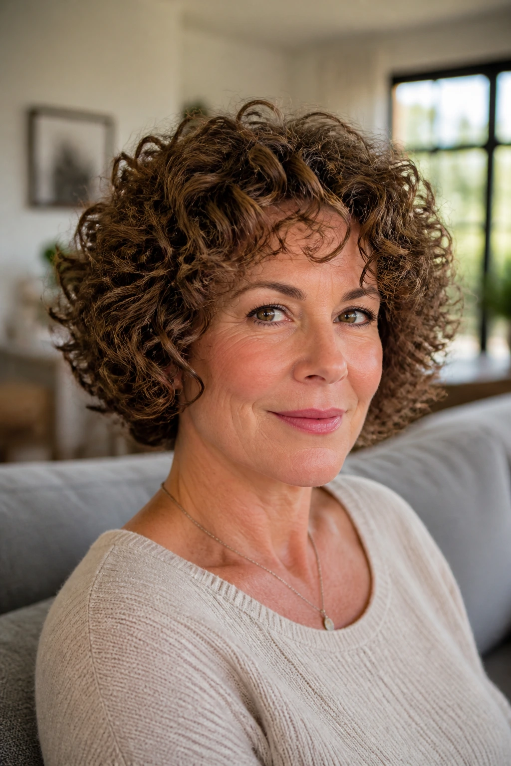 Close-up of a woman with a curly rounded bob in a bright living room