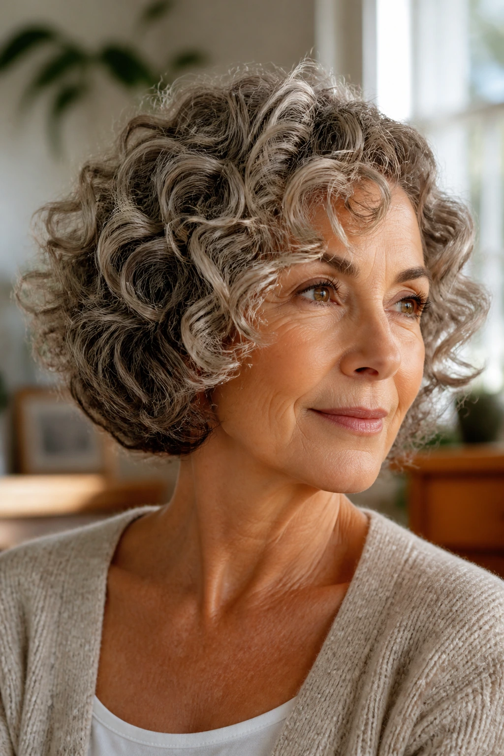 Close-up portrait of a woman with a curly rounded bob and voluminous curls