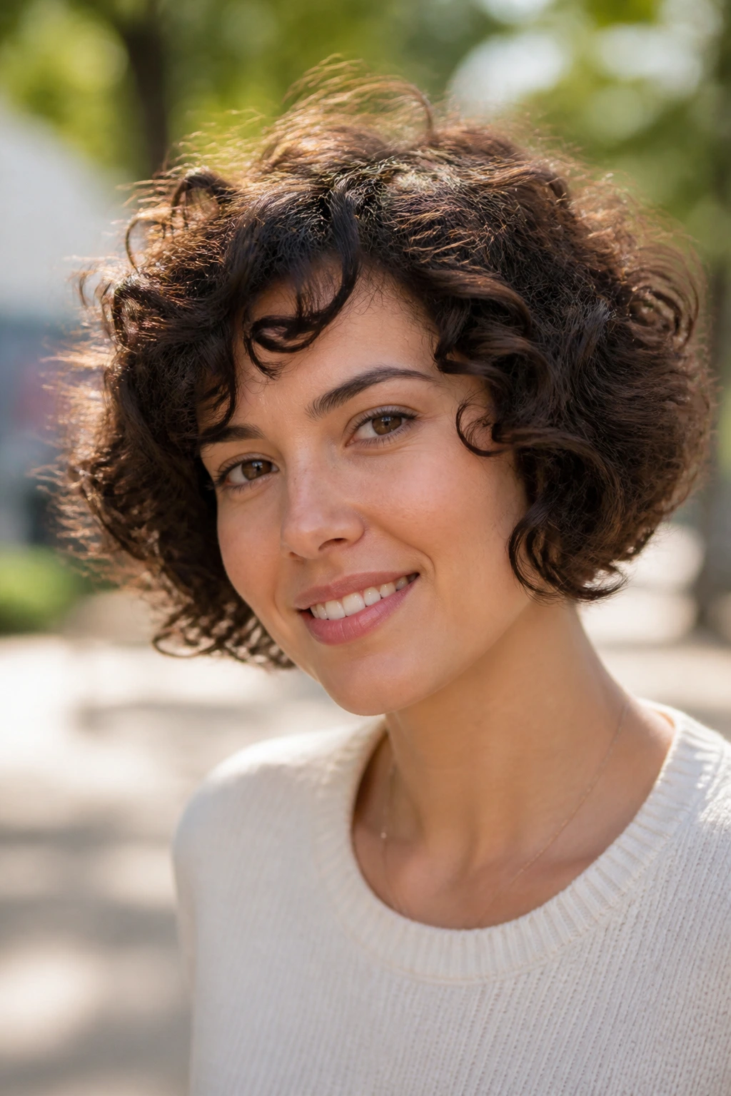 Portrait of a woman with a curly rounded bob in natural light.