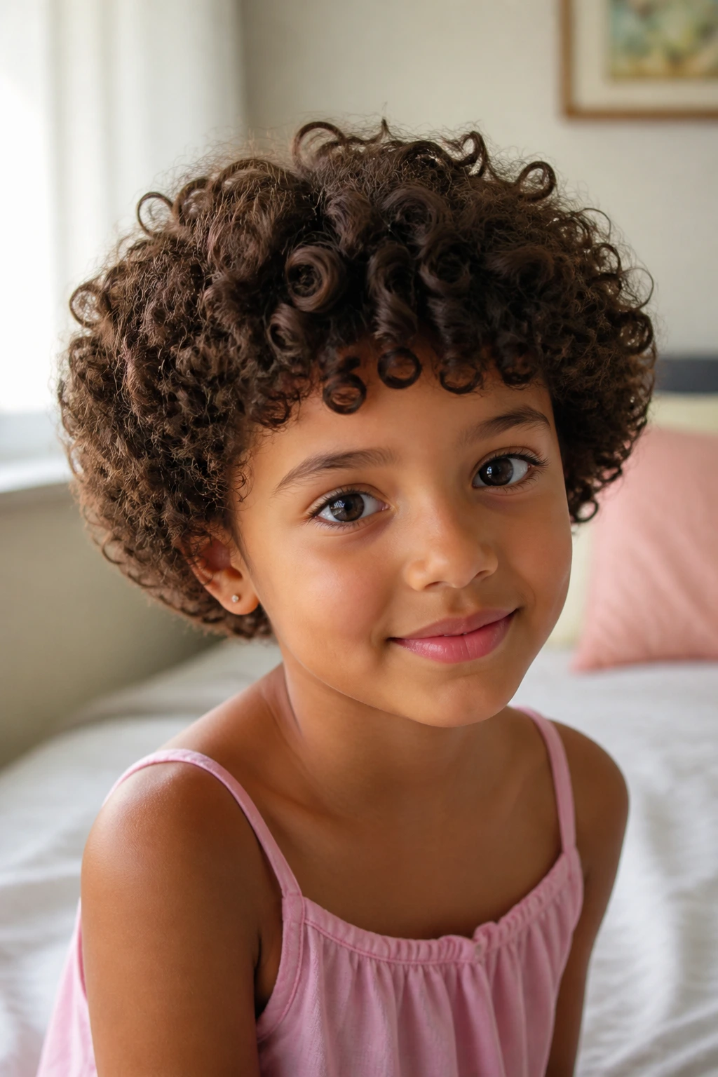 Close-up portrait of a girl with a curly rounded crop.