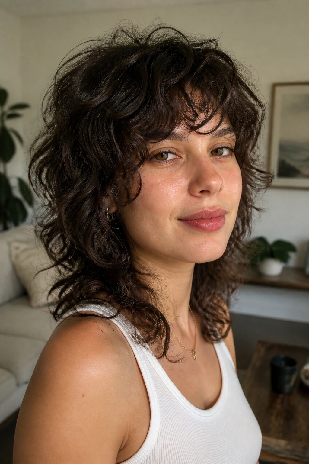 Close-up portrait of a real woman with curly shag hair and air-dried 3a curls