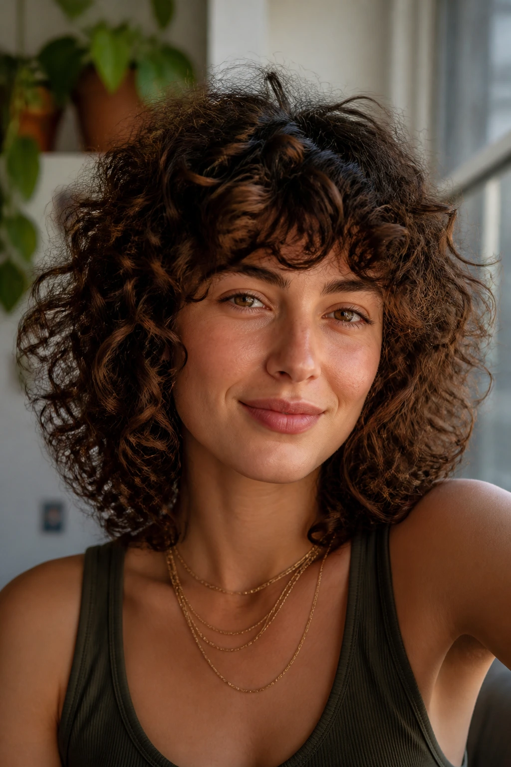 Portrait of a woman with air-dried curly shag forming a rounded halo around the face.