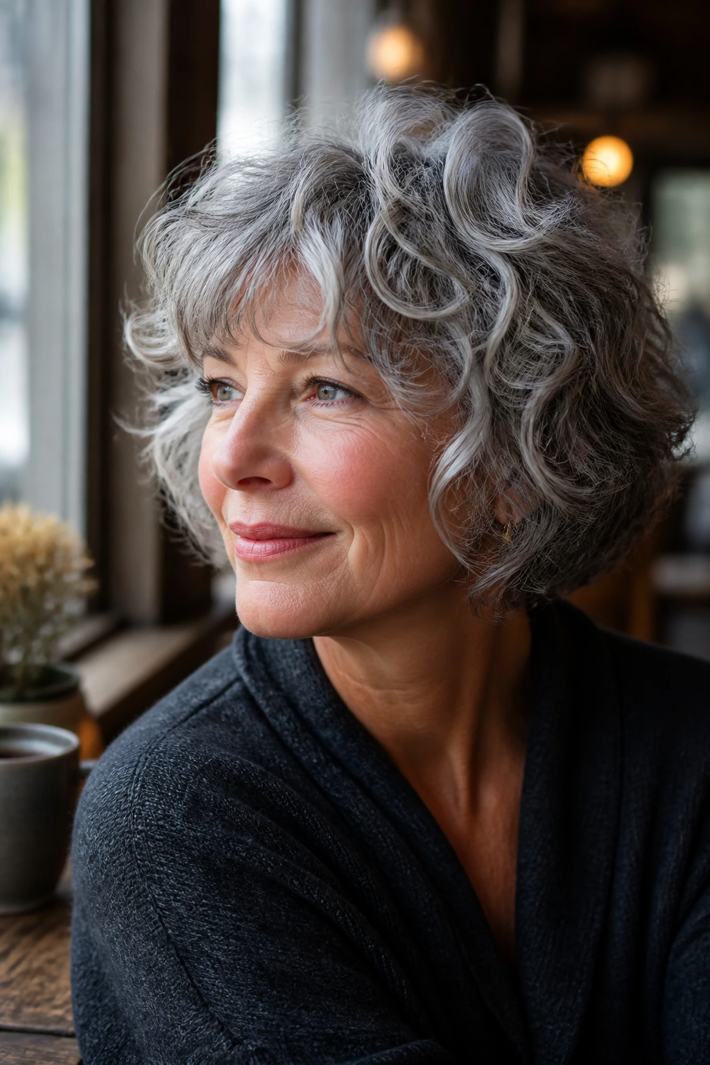 Close-up of an older woman with curly shag and airy layers