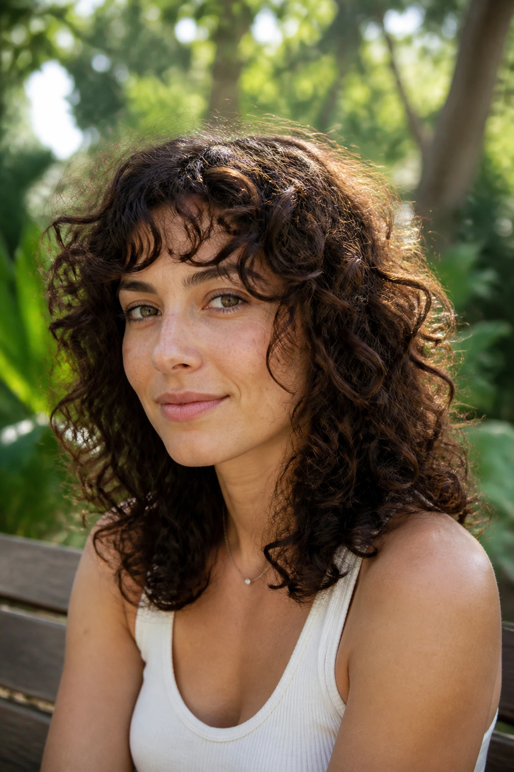 Close-up portrait of a real woman with curly shag and airy layers.