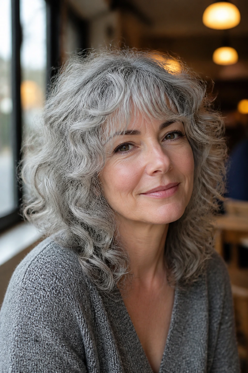 Close-up portrait of a real woman with curly shag and feathered bangs.