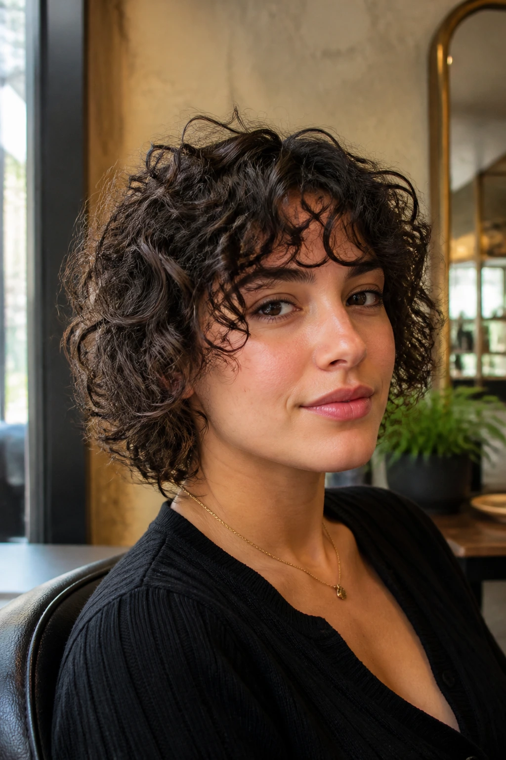 Close-up of curly short shag with dry-cut bangs on a real woman in a sunlit salon