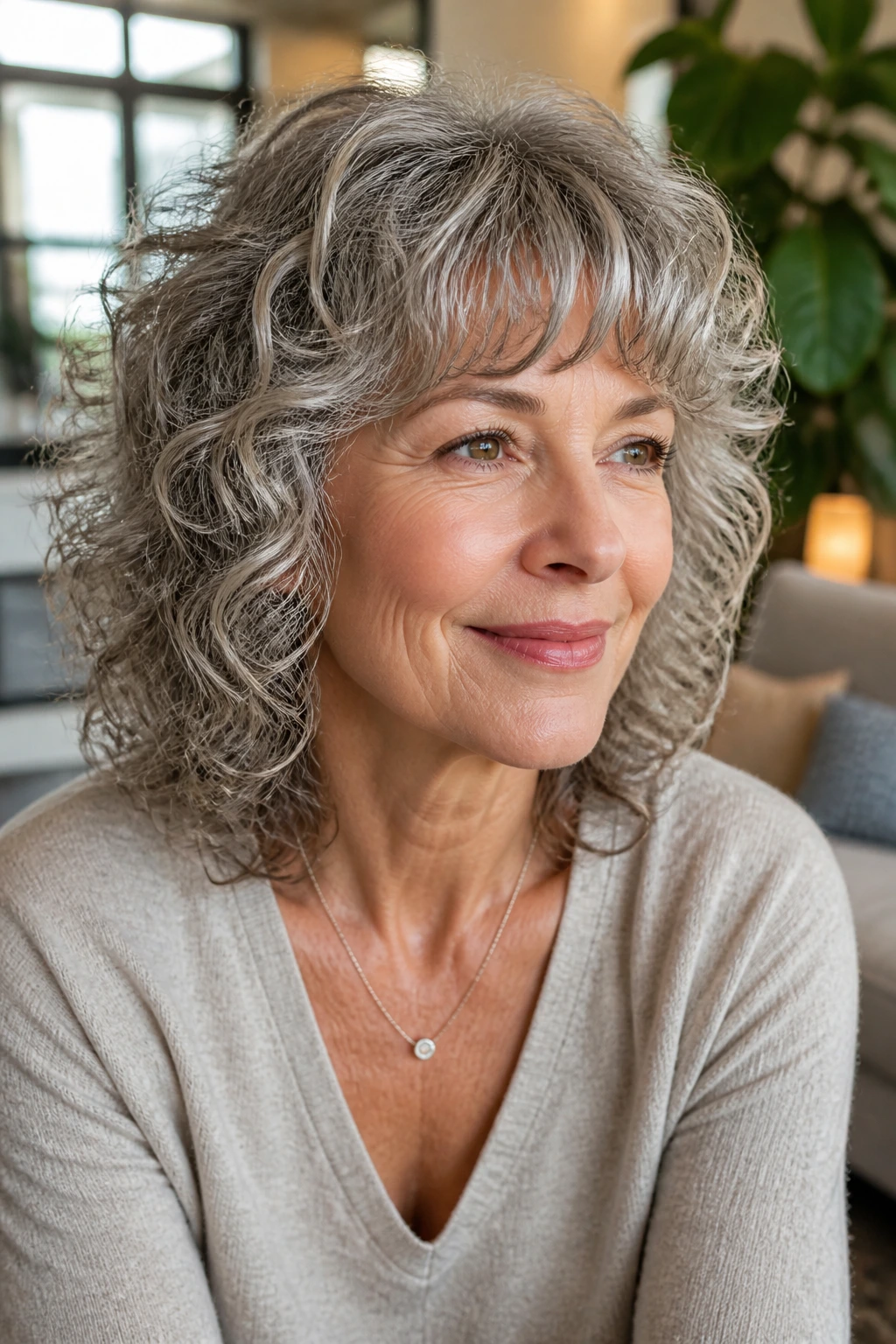 Real woman with soft curly shag and rounded bangs in warm light.